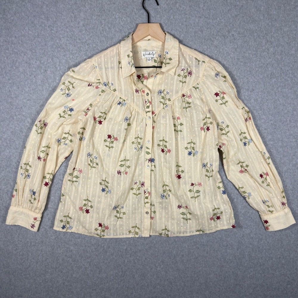 Wonderly Womens Small Ivory Floral Swiss Dot Cotton Button Down Blouse Top